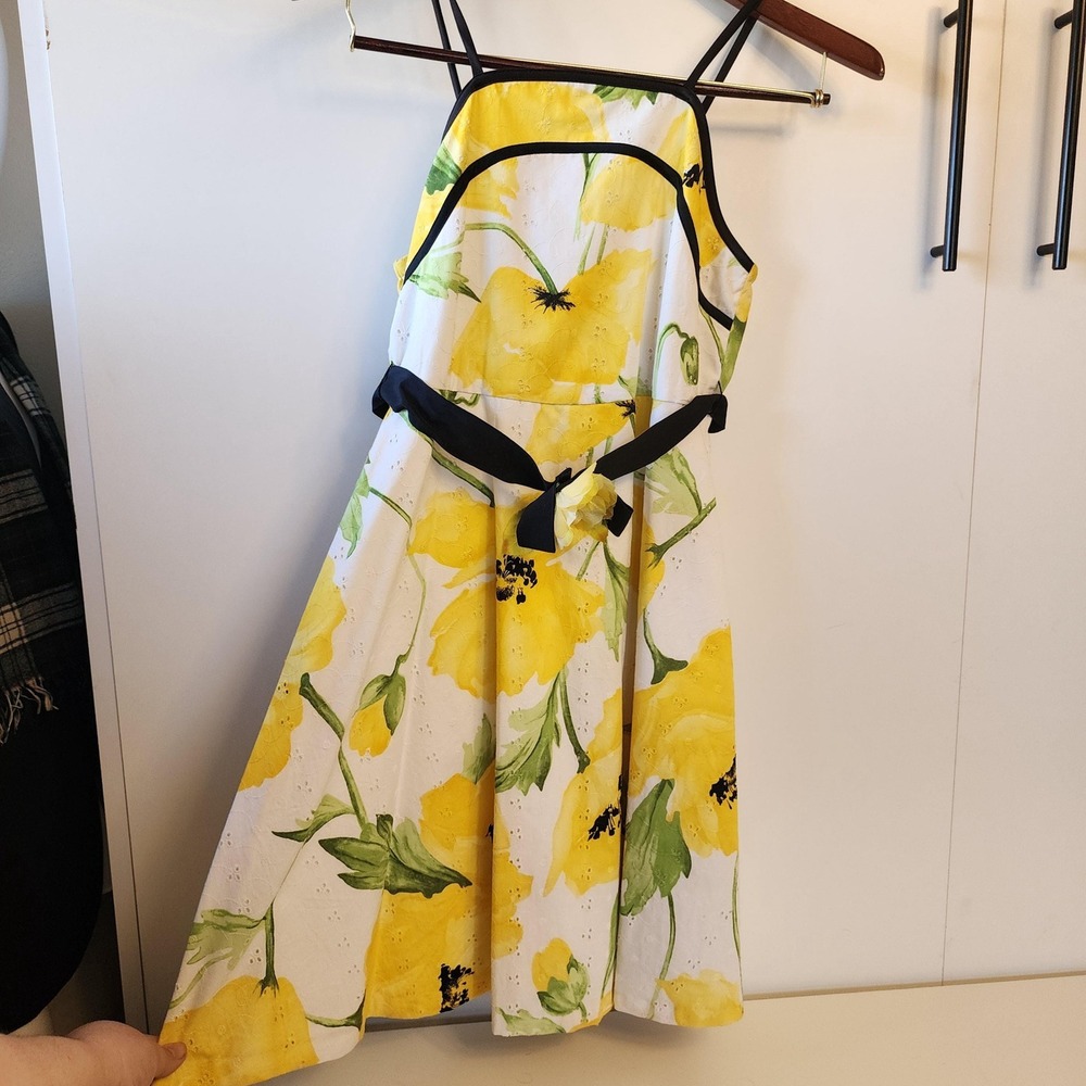Bonnie Jean White Yellow Floral A-Line Sundress Spaghetti Strap Belted XS